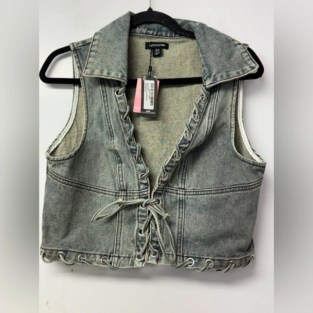 PrettyLittleThing Acid Wash Denim Lace-Up Vest Corset Top US 12 NWT Festival Z - Picture 3 of 9